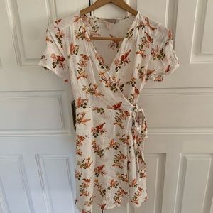 bird and floral wrap dress